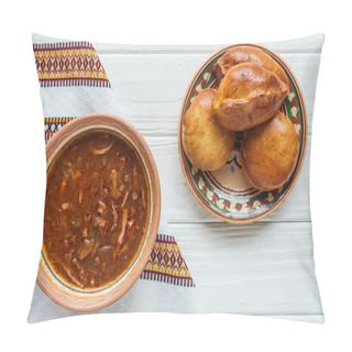 Personality  Delicious Traditional Mixed Meat Soup With Mini Pies And Embroidered Towel On White Wooden Background Pillow Covers