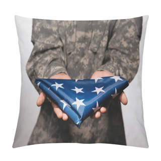 Personality  Partial View Of Soldier In Military Uniform Showing Folded Flag In Hands, Americas Independence Day Concept Pillow Covers