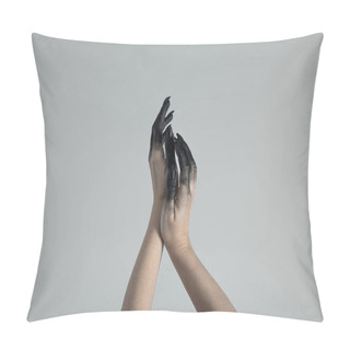 Personality  Cropped View Of Witch Hands In Black Paint Isolated On Grey  Pillow Covers