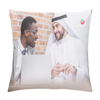 Personality  Arabian Businessman Looking At African American Partner And Smiling In Office  Pillow Covers