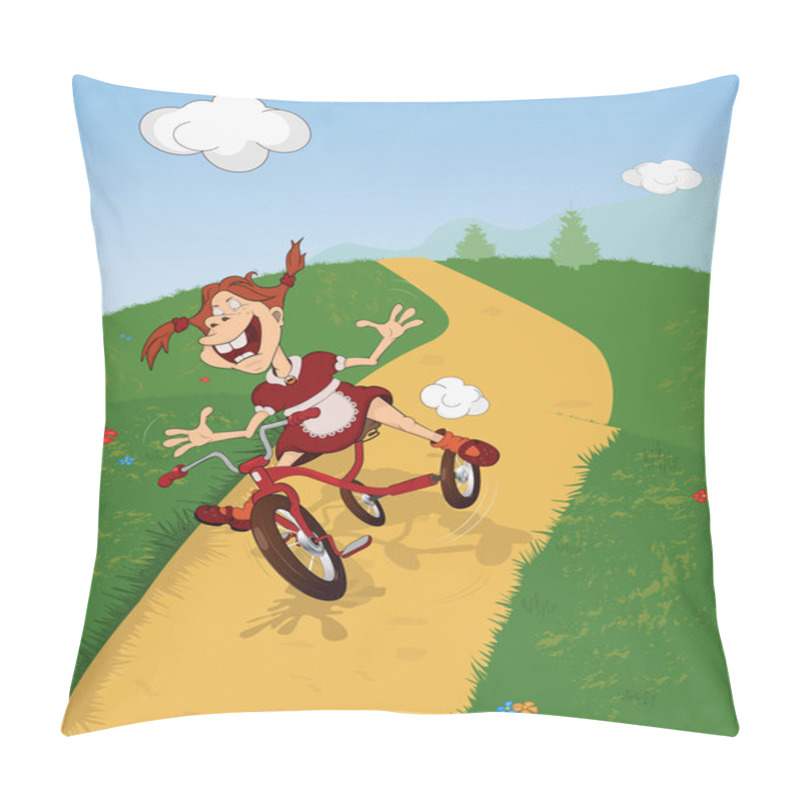 Personality  The cheerful girl goes for a drive on a bicycle. Cartoon. pillow covers