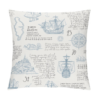 Personality  Old Manuscript With Hand-drawn Islands, Sailboats, Wind Rose And Handwritten Latin Text Lorem Ipsum In Vintage Style. Vector Seamless Pattern On The Theme Of Travel, Adventure And Discovery Pillow Covers