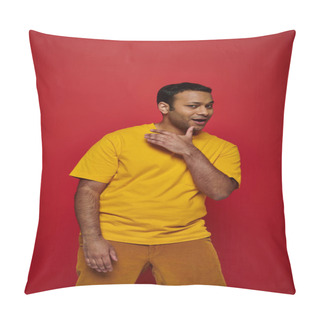 Personality  Confidant Indian Man In Bright Casual Clothes Looking At Camera And Posing On Red Background Pillow Covers