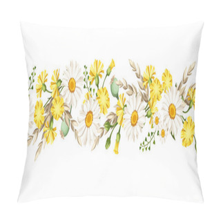 Personality  Vector Horizontal Seamless Border With White Daisies And Yellow Wild Flowers And Ears Of Wheat.  Pillow Covers