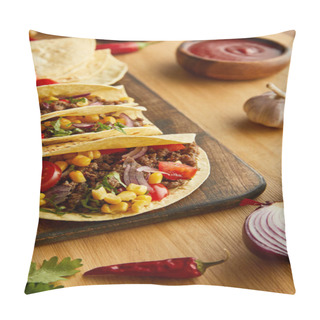 Personality  Delicious Tacos With Meat And Vegetables On Wooden Table Pillow Covers