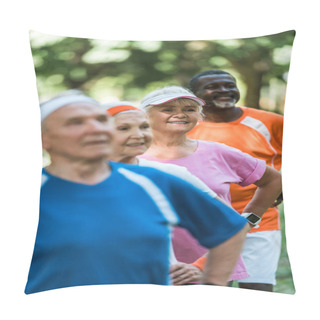 Personality  Selective Focus Of Cheerful Retired African American Man Standing With Hands On Hips With Pensioners In Sportswear  Pillow Covers
