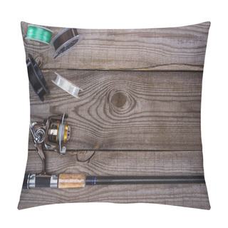 Personality  Top View Of Various Reels And Fishing Rod On Wooden Planks  Pillow Covers