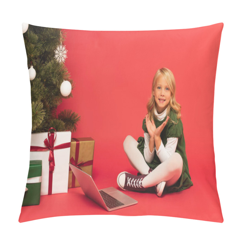 Personality  Happy Child Clapping Hands Near Laptop And Gifts Under Christmas Tree On Red Pillow Covers