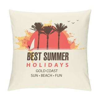 Personality  Summer Travel Banner With Sun, Palms And Surfer Pillow Covers