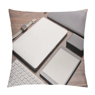 Personality  Close-up Shot Of Various Wireless Gadgets And Graphics Tablet On Wooden Desk Pillow Covers