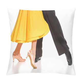 Personality  Cropped View Of Elegant Young Couple Of Ballroom Dancers Dancing On White Pillow Covers