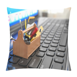 Personality  Online Support. Toolbox With Tools On Laptop. Pillow Covers