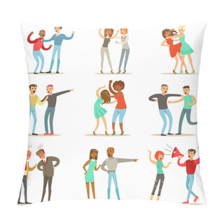 Personality  People Fighting And Quarrelling Making A Loud Public Scandal Collection Of Cartoon Characters Aggressive And Violent Behavior Illustrations Pillow Covers