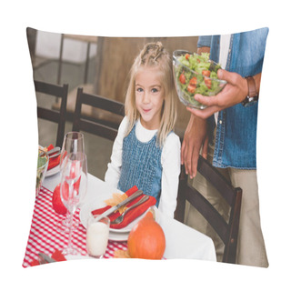 Personality  Cropped View Of Father Holding Bowl With Salad And Cute Daughter Smiling And Looking At Camera In Thanksgiving Day  Pillow Covers