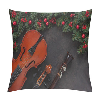 Personality  Old Violin And Flute With Fir-tree Branches With Christmas Decor.  Christmas And New Year's Concept. Top View, Close-up On Dark Concrete Background Pillow Covers