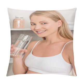 Personality  Close-up Portrait Of Pregnant Woman With Glass Of Water Looking At Camera In Bathroom Pillow Covers