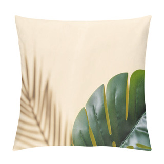 Personality  Shadow Of A Palm Tree And Monstera Leaf On An Illuminating Beige Background And Copy Space. Pillow Covers