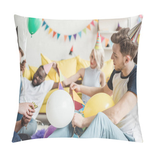 Personality  Multiethnic Friends In Party Hats Sitting On Floor With Balloons In Decorated Room  Pillow Covers