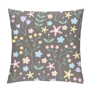 Personality  Vector Seamless Pattern Of Mixed Flowers, Laurels, Leaves In Pastel Pink, Blue And Yellow On An Earthy Brown Background. Great For Dressmaking Fabric, Bedroom Decor And Wallpaper. Pillow Covers