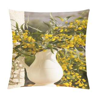 Personality  Ceramic Pitcher With Yellow Mimosa Flowers On The Window Pillow Covers
