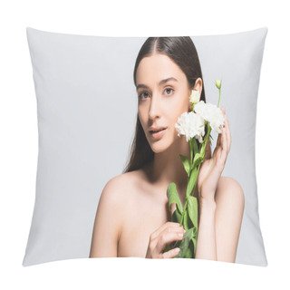 Personality Beautiful Brunette Young Woman With White Carnations Isolated On Grey Pillow Covers
