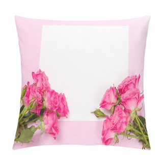 Personality  Pink Fresh Rose Branches And White Paper Card - Empty Space For Text Isolated On Pastel Background. Pillow Covers