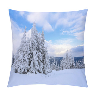 Personality  On A Frosty Beautiful Day Among Mountains Are Magical Trees Covered With White Fluffy Snow Against The Idyllicl Landscape. Time For Touristic Adventures.The Wide Trail Leads To The Majestic Winter Forest. Pillow Covers