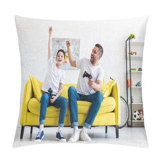 Personality  Father And Son Cheering While Playing Video Game On Couch At Home Pillow Covers