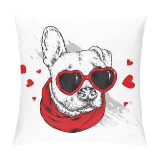 Personality  Portrait Of A Dog Or Puppy With Glasses In Shape Of Heart. Vector Illustration For Greeting Card Or Poster, Print On Clothes. Pillow Covers