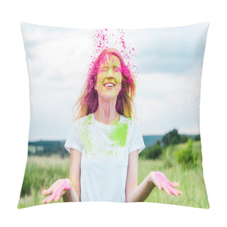Personality  Cheerful Woman With Closed Eyes Throwing In Air Holi Paint  Pillow Covers
