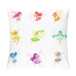 Personality  Colorful Rainbow Set Of Cute Girly Fairies With Winds And Long Hair Dancing Surrounded By Sparks And Stars In Pretty Dresses Pillow Covers