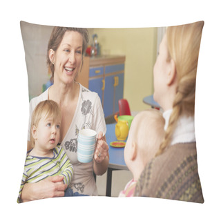 Personality  Mothers With Babies Chatting And Drinking Coffee At Playgroup Pillow Covers