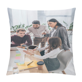Personality   Multicultural Coworkers Looking At Digital Tablet In Office  Pillow Covers