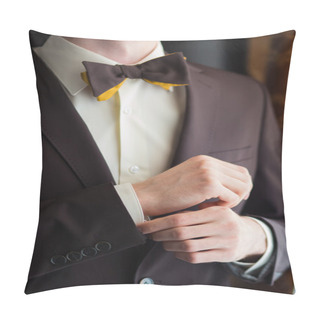 Personality  Bow Tie And Hands Of Young Man Closeup. Pillow Covers