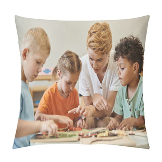 Personality  Teacher Talking To Multiethnic Kids Near Didactic Materials In Montessori School Pillow Covers