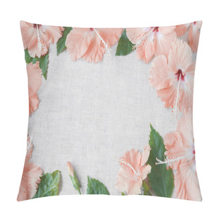 Personality  Pink Peachy Hibiscus Flowers On Linen, Copy Space Background Pillow Covers