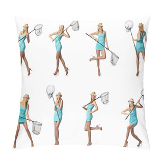 Personality  Woman With Catching Net Isolated On White Pillow Covers