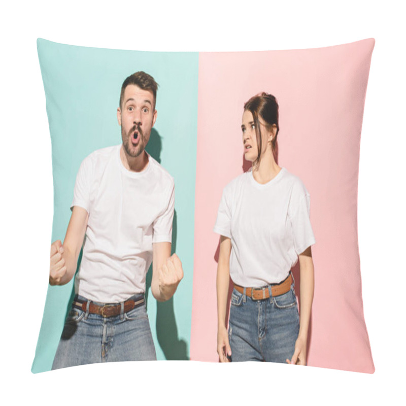 Personality  Closeup Portrait Of Young Couple, Man, Woman. One Being Excited Happy Smiling, Other Serious, Concerned, Unhappy On Pink And Blue Background. Emotion Contrasts Pillow Covers