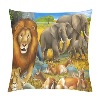 Personality  Cartoon Safari Scene With Lions Resting And Elephant On The Meadow Illustration For Children Pillow Covers