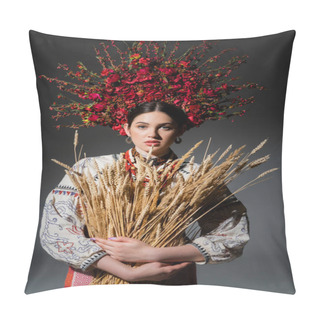 Personality  Brunette And Young Ukrainan Woman In Floral Wreath With Red Berries Holding Wheat Spikelets On Dark Grey Pillow Covers