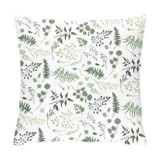 Personality  Seamless Pattern Of Eucalyptus Palm Fern Different Tree, Foliage Natural Branches, Green Leaves, Herbs, Berries Tropical Heel Hand Drawn Silhouette Watercolor Vector Beauty Elegant Background On White Pillow Covers