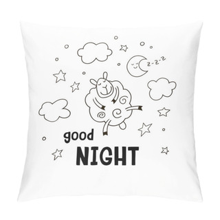 Personality  Good Night Cartoon Background For Kids. Hand Drawn Doodle Cute Lamb With Clouds, Stars, Moon And Inscription Good Night. Black And White Vector Illustration. Pillow Covers
