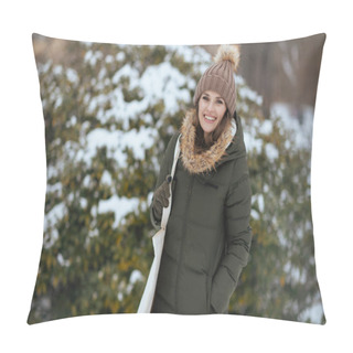 Personality  Happy Modern 40 Years Old Woman In Green Coat And Brown Hat Outdoors In The City Park In Winter With Beanie Hat Near Snowy Branches. Pillow Covers