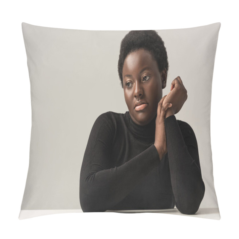 Personality  Pensive African American Woman In Black Turtleneck Sitting At Table Isolated On Grey Pillow Covers