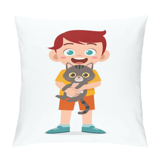 Personality  Happy Cute Little Kid Boy Play With Pet Cat Pillow Covers