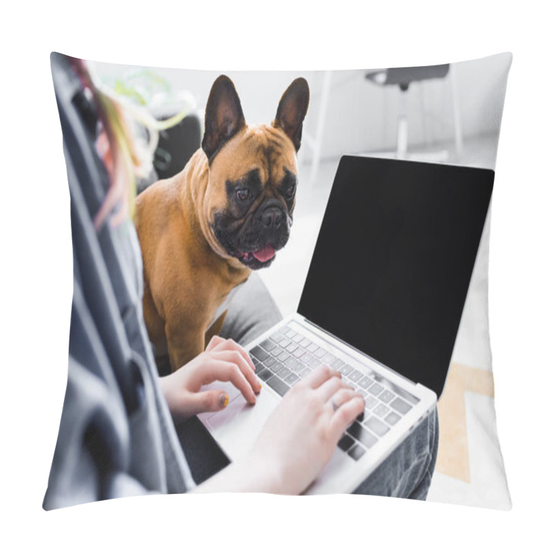 Personality  cropped view of cute bulldog sitting near girl using laptop  pillow covers
