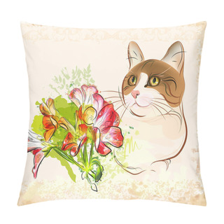Personality  Vintage Portrait Of Cat With Flowers Pillow Covers