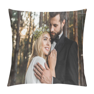 Personality  Beautiful Wedding Couple Hugging In Forest  Pillow Covers