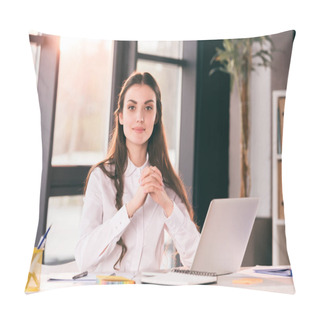 Personality  Young Smiling Businesswoman Sitting At Table Pillow Covers