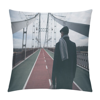 Personality  Stylish Man In Coat And Scarf With Suitcase Standing On Pedestrian Bridge Pillow Covers